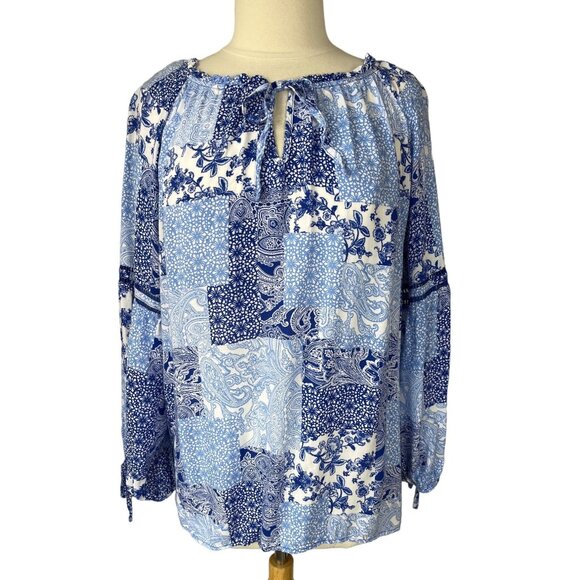 Cato Est 19456 Blouse Shirt Womens Size 26/28W Blue White Patchwork - Picture 1 of 10